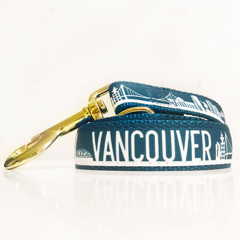 The exclusive Van city leash for Dogs of Vancouver in in teal and silver