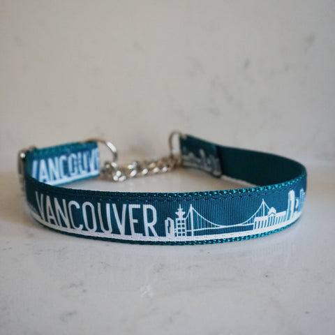 Teal Vancouver martingale collar with skyline print from Bone and Bred