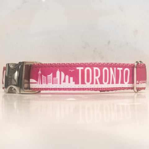 Toronto dog collar in pink and white with silver metal buckle