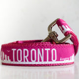 Toronto dog leash in pink and white with silver clips and d-ring